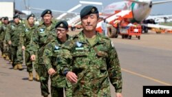 Japanese peacekeepers arrive at the Juba airport to participate in the United Nations Mission in South Sudan (UNMISS) in South Sudan's capital Juba, Nov. 21, 2016. 