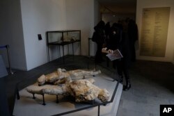 A woman takes pictures of casts of two victims of the 79 AD Eruption of Mount Vesuvius displayed at the museum Antiquarium, in Pompeii, southern Italy, Monday, Jan. 25, 2021. (AP Photo/Gregorio Borgia)