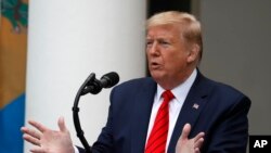 President Donald Trump speaks about the coronavirus during a press briefing in the Rose Garden of the White House, Monday, May 11, 2020, in Washington. (AP Photo/Alex Brandon)