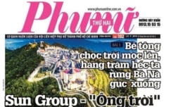 A screenshot of the front page of the newspaper Phu nu Online shows a headline critical of the Sun Group. For its reporting, the outlet is not allowed to publish for one month. (Source - Nguyen Thu Trang Facebook page)