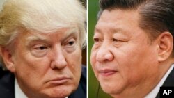 FILE - This combination of file photos shows U.S. President Donald Trump on March 28, 2017, in Washington, left, and Chinese President Xi Jinping, Feb. 22, 2017, in Beijing. 