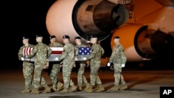 지난 24일 아프가니스탄 헬만드주에서 전투작전 중 숨진 군인들의 유해를 실은 관이 미국 델라웨어 주 도버 공군기지에 도착했다. (자료사진)