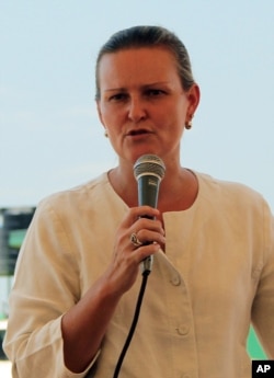 In this Aug.30, 2010 photo, Lise Grande, from the United Nations addresses a press conference in Juba, southern Sudan.