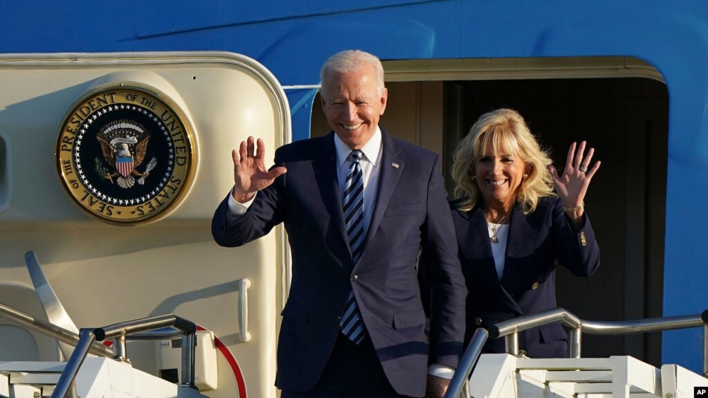 U.S. President Joe Biden and First Lady Jill Biden arrive at RAF Mildenhall, England, ahead of the G7 summit in Cornwall, June 9, 2021. 