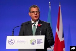 Alok Sharma President of the COP26 summit speaks during the Procedural Opening of the COP26 U.N. Climate Summit in Glasgow, Scotland, Oct. 31, 2021.