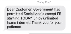A message from service providers to consumers after the Ugandan government restored access to social media websites. (Screenshot)