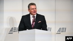 Maros Sefcovic, European Commissioner for Trade and Economic Security, speaks at the American Enterprise Institute in Washington, on Feb. 19, 2025. 