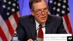 U.S. Trade Representative Robert Lighthizer speaks during a news conference, Aug. 16, 2017, at the start of NAFTA renegotiations in Washington. 