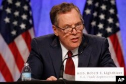 FILE - U.S. Trade Representative Robert Lighthizer speaks during a news conference, Aug. 16, 2017, at the start of NAFTA renegotiations in Washington.