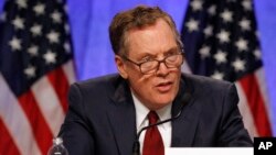 FILE - U.S. Trade Representative Robert Lighthizer speaks during a news conference in Washington, Aug. 16, 2017.