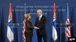 Američka državna sekretarka Hilari Klinton i predsednik Srbije, Boris Tadić, uoči zajedničke konferencije za medije, u Beogradu