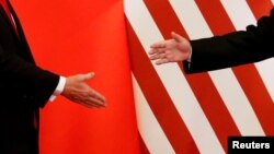 美国总统川普和中国国家主席习近平在北京人大会堂举行会晤。（2017年11月9日）