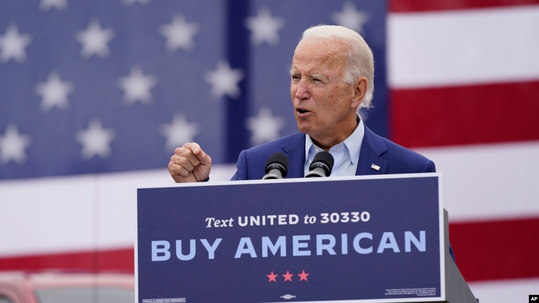 Democratic presidential candidate former Vice President Joe Biden speaks at a campaign event on manufacturing and buying American-made products at UAW Region 1 headquarters in Warren, Michigan, Sept. 9, 2020.