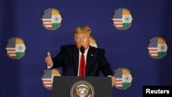 U.S. President Donald Trump speaks during a news conference in New Delhi, India, Feb. 25, 2020.