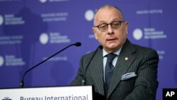 Argentine Foreign Minister Jorge Faurie speaks at the 162nd General Assembly of BIE, in Paris, Nov. 15, 2017. The Bureau of International Expositions is the intergovernmental organization in charge of overseeing and regulating World Expos. Argentina will host a specialized Expo in 2022-23.