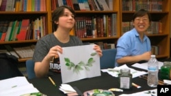 FILE - A student, left, shows her painting at a traditional Chinese painting class at the Confucius Institute at George Mason University in Fairfax, Virginia on May 2, 2018.