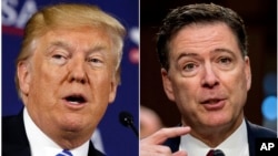 This combination photo shows President Donald Trump speaking during a roundtable discussion in White Sulphur Springs, W.Va., April 5, 2018, left, and former FBI director James Comey speaking during a Senate Intelligence Committee hearing on Capitol Hill in Washington, June 8, 2017. 