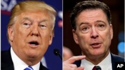 This combination photo shows President Donald Trump speaking during a roundtable discussion in White Sulphur Springs, West Virginia, April 5, 2018, left, and former FBI director James Comey speaking during a Senate Intelligence Committee hearing on Capitol Hill in Washington on June 8, 2017.