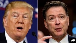 FILE - This combination photo shows President Donald Trump speaking in White Sulphur Springs, W.Va., April 5, 2018, left, and former FBI director James Comey speaking on Capitol Hill, June 8, 2017.
