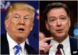 FILE - This combination photo shows President Donald Trump speaking during a roundtable discussion in White Sulphur Springs, W.Va., April 5, 2018, left, and former FBI director James Comey speaking during a Senate Intelligence Committee hearing on Capitol Hill i
