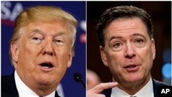 This combination photo shows President Donald Trump speaking during a roundtable discussion in White Sulphur Springs, W.Va., April 5, 2018, left, and former FBI director James Comey speaking during a Senate Intelligence Committee hearing on Capitol Hill i