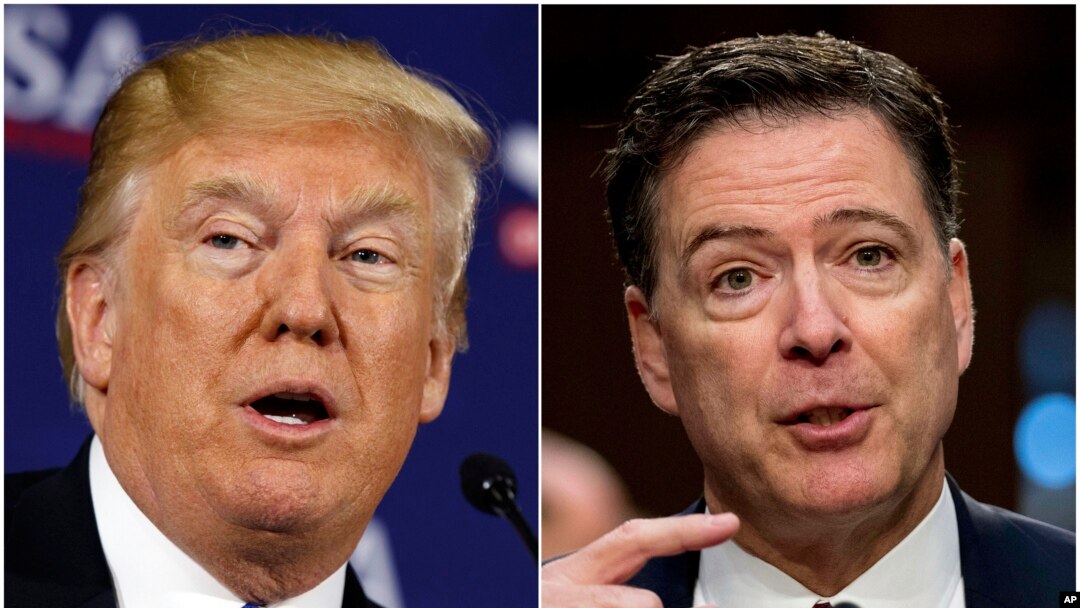 FILE - A combination photo shows President Donald Trump (L) during a discussion in White Sulphur Springs, W.Va., April 5, 2018, and former FBI director James Comey during a Senate Intelligence Committee hearing on Capitol Hill, Washington,June 8, 2017. 