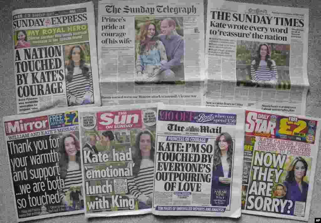 صفحات اول روزنامه&zwnj;های مطرح بریتانیا در صبح روز یکشنبه به خبر ابتلای شاهدخت کیت به بیماری سرطان اختصاص داده شده بود