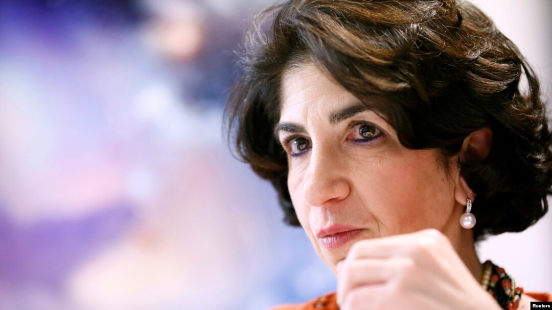Fabiola Gianotti, scientist at the European Organization for Nuclear Research (CERN), gestures during an interview with Reuters in Meyrin near Geneva, December 15, 2014. 