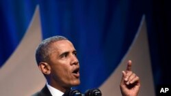 Presiden Barack Obama pada makan malam tahunan kaukus Kulit Hitam Kongres di Washington, 27 September 2014.