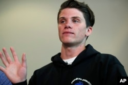 Brendan Bialy speaks about his part in stopping the attack at the STEM School Highlands Ranch during a news conference, May 8, 2019, in Englewood, Colo.