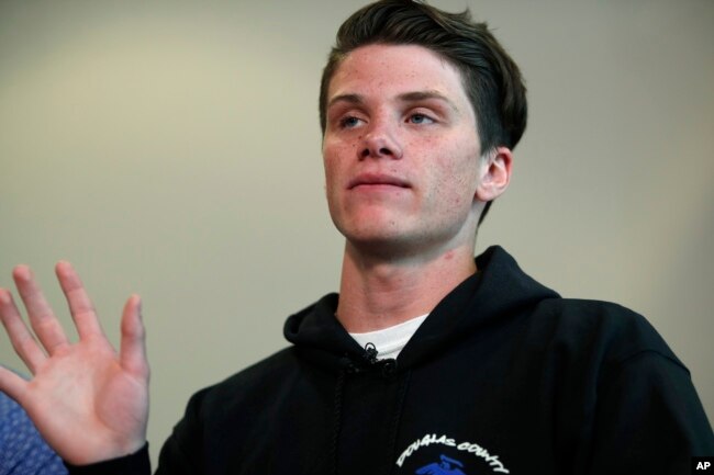 Brendan Bialy speaks about his part in stopping the attack at the STEM School Highlands Ranch during a news conference, May 8, 2019, in Englewood, Colo.