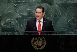 Guatemala's President Jimmy Morales addresses the 74th session of the United Nations General Assembly, Sept. 25, 2019, at the United Nations headquarters.