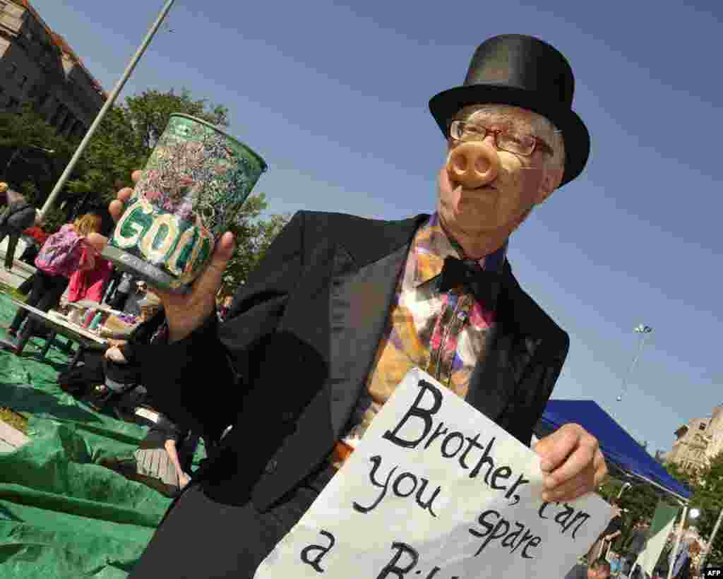 Участник «Хряк с Уолл-стрит». Надпись на плакате: «Браток, подашь миллиардик?»