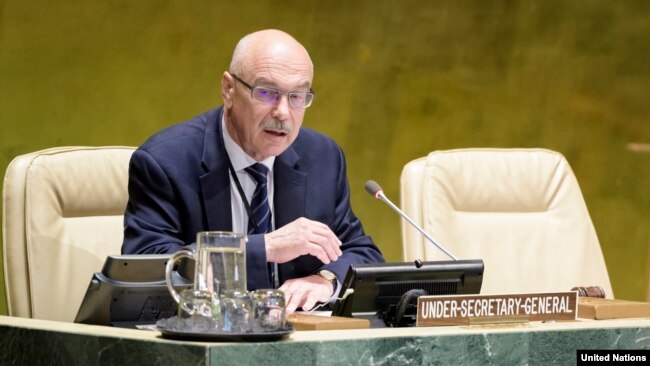 联合国反恐事务副秘书长沃伦科夫2019年5月7日在一个联合国反恐会议上讲话。