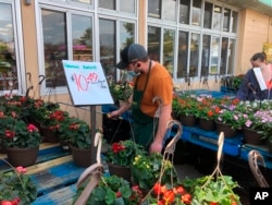 A worker wearing a mask to protect against the coronavirus waters plants at a Joe Randazzo's store in Roseville, Mich., Saturday, May 2, 2020.