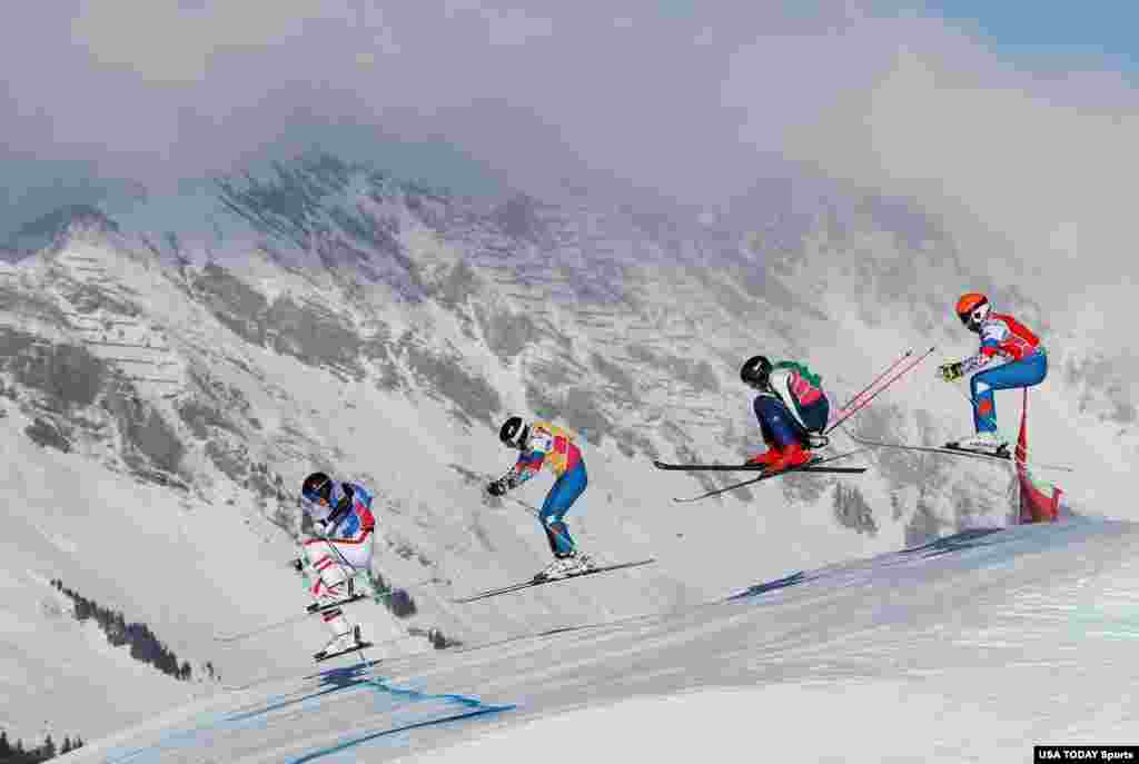 (L to R) Austrlia&#39;s Marcus Plank, Russia&#39;s Artem Bazhin, Sweden&#39;s Erik Wahlberg and Russia&#39;s Andrei Gorbachev compete in the final of the Freestyle Skiing Men&#39;s Ski Cross in Switzerland. (Credit: Simon Bruty/OIS Handout Photo via USA TODAY Sports)