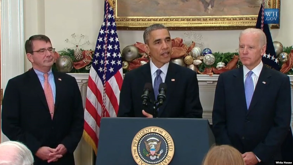 President Obama announces that Ashton Carter, left, is his nominee for U.S. Defense Secretary as Vice President Biden looks on.