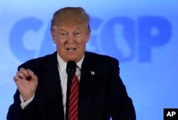 Republican presidential candidate Donald Trump speaks at the California Republican Party 2016 Convention in Burlingame, California, April 29, 2016.