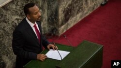 Abiye Ahmed, the newly elected chair of the Ethiopian Peoples' Revolutionary Democratic Front addresses Ethiopian lawmakers after he was sworn in as the country's Prime Minister, April 2, 2018. 