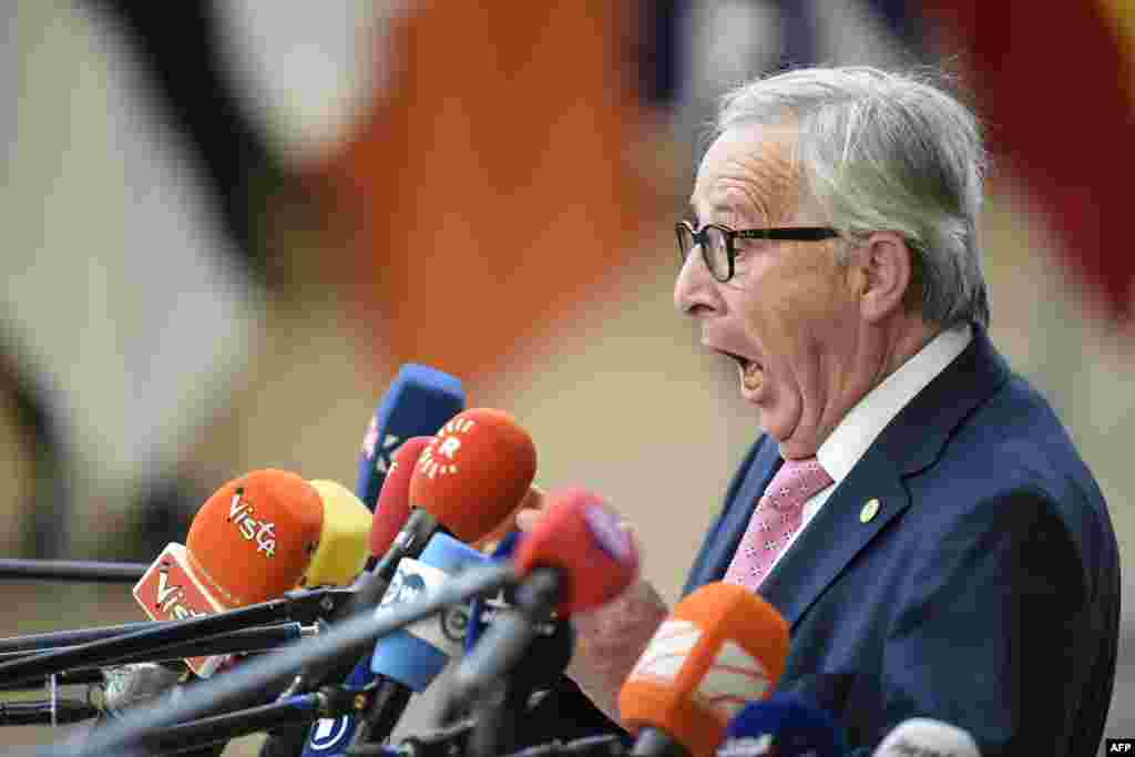 President of the European Commission Jean-Claude Juncker reacts as he speaks to journalists during an European Union leaders&#39; summit focused on migration, Brexit and Eurozone reforms at the Europa building in Brussels, Belgium.