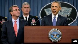 President Barack Obama addressing media after receiving update from military leaders on the campaign against the Islamic State, during a rare visit to the Pentagon, July 6, 2015.