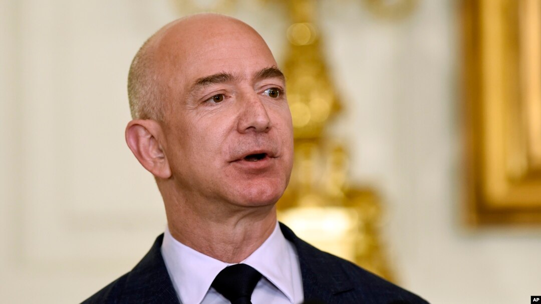 FILE - Jeff Bezos, the founder and CEO of Amazon.com, speaks in the State Dining Room of the White House in Washington, May 5, 2016. 