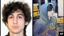 2013年4月19日美國聯邦調查局公佈波士頓馬拉松爆炸事件嫌疑人焦哈爾‧薩納耶夫的照片（左），以及波士頓情報中心發佈捉拿嫌疑人焦哈爾的錄像圖片（右）。