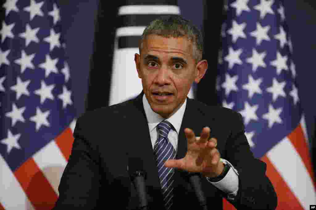 U.S. President Barack Obama answers a reporter's question during a joint news conference with South Korean President Park Geun-hye at the Blue House in Seoul, South Korea, April 25, 2014. 