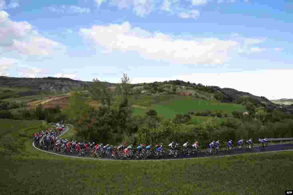 The pack rides during the 12th stage of the Giro d&#39;Italia 2020 cycling race, a 204-kilometer route between Cesenatico and Cesenatico, Italy.