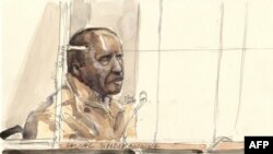 Un croquis de Pascal Simbikangwa lors de son premier jour de procès à Paris, France,le 4 février 2014.