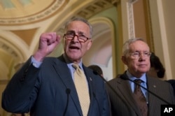 Sen. Charles Schumer, D-N.Y., joined at right by Senate Minority Leader Harry Reid of Nev., criticizes Republican lawmakers for being too tied to the NRA and the gun lobby, during a news conference on Capitol Hill in Washington, Tuesday, June 14, 2016.