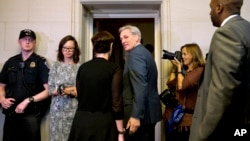 California congressman Kevin McCarthy, center, turns to his wife Judy McCarthy as they enter a House Republican caucus vote on its nominee to replace House Speaker John Boehner, on Capitol Hill in Washington, Oct. 8, 2015.