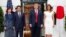 U.S. President Donald Trump and first lady Melania Trump welcome Japan's Prime Minister Shinzo Abe and Mrs. Akie Abe prior to having dinner at the White House, in Washington, April 26, 2019.