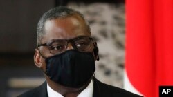 U.S. Defense Secretary Lloyd Austin attends a joint news conference after the 2+2 Meeting with Secretary of State Antony Blinken, Japan's Foreign Minister Toshimitsu Motegi and Defense Minister Nobuo Kishi at Iikura Guest House in Tokyo